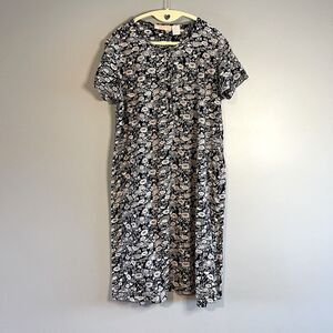 LA Cera Navy Cream Floral Short Sleeve T-Shirt Henley Dress | SZ M
